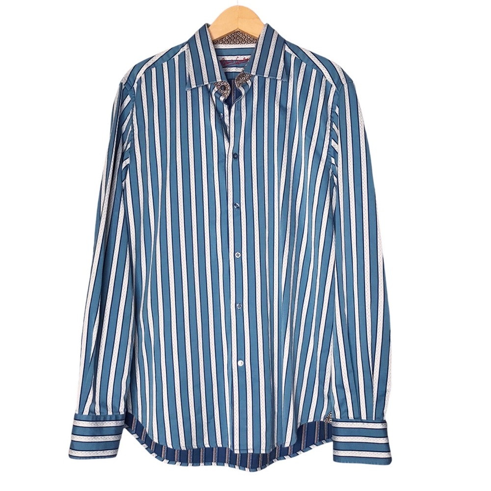 Robert Graham Stripes Blue Cream Cotton Button Up Long Sleeve Shirt Men's Large